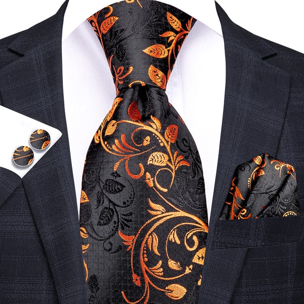 Black and orange floral silk necktie