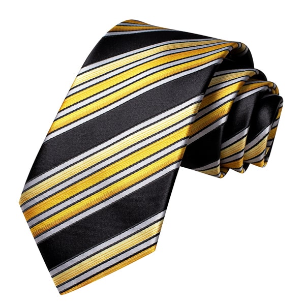 Black yellow white striped silk tie