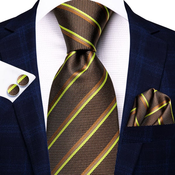 Brown yellow striped silk tie displayed on a suit