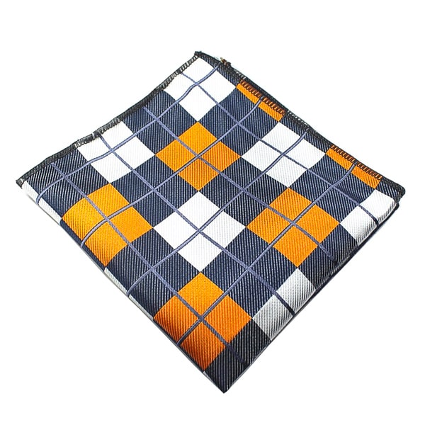 Pocket square with orange, grey, and white checks