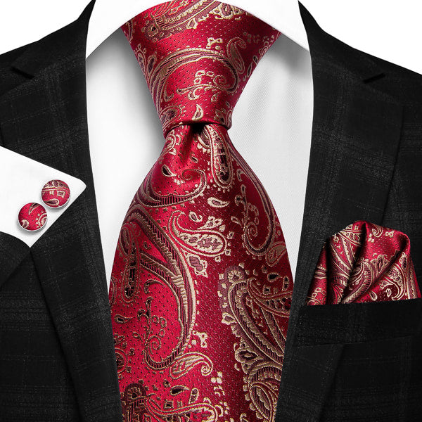 Red gold paisley pattern silk necktie