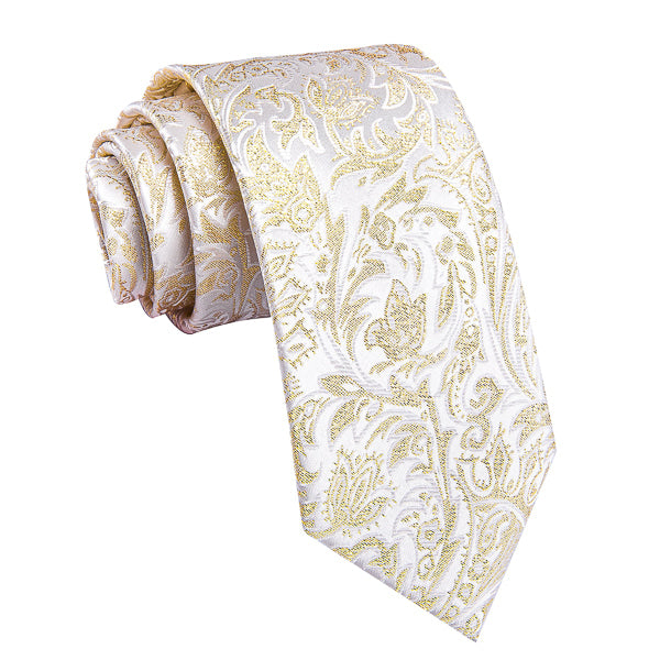 White gold metallic floral silk tie