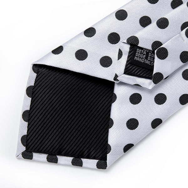 White black polka dot silk tie backside details