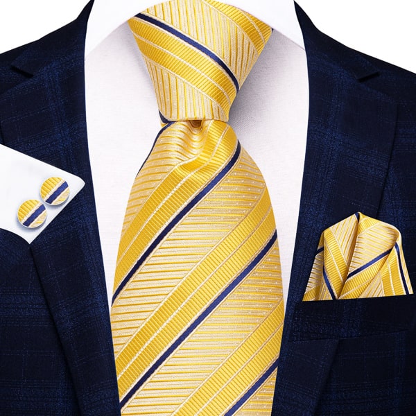 Yellow gold blue striped silk necktie with a suit