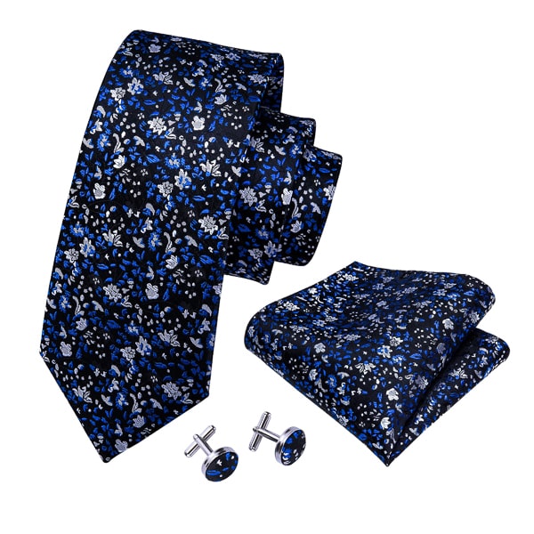 Black silk tie set with blue and white flowers