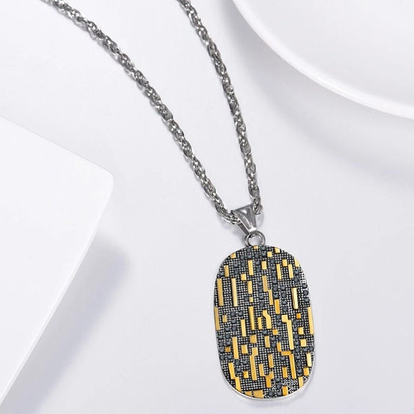 Mens dog tag pendant necklace with gold and black bit code pattern
