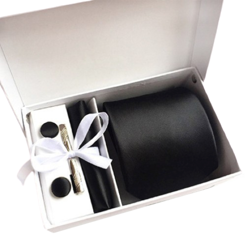 Black Suit Accessories Set With Necktie, Tie Clip, Cufflinks & Pocket Square
