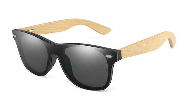 Mens bamboo wood sunglasses with flat black mirror lens