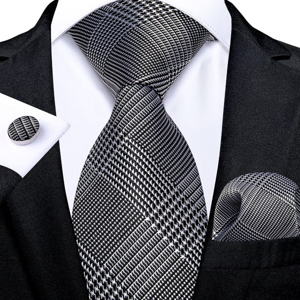 Black, white and grey glen check plaid silk tie