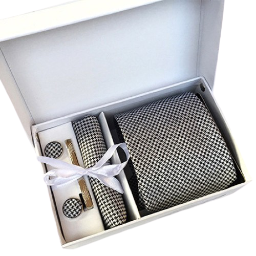 Black & White Houndstooth Suit Accessories Set With Necktie, Tie Clip, Cufflinks & Pocket Square