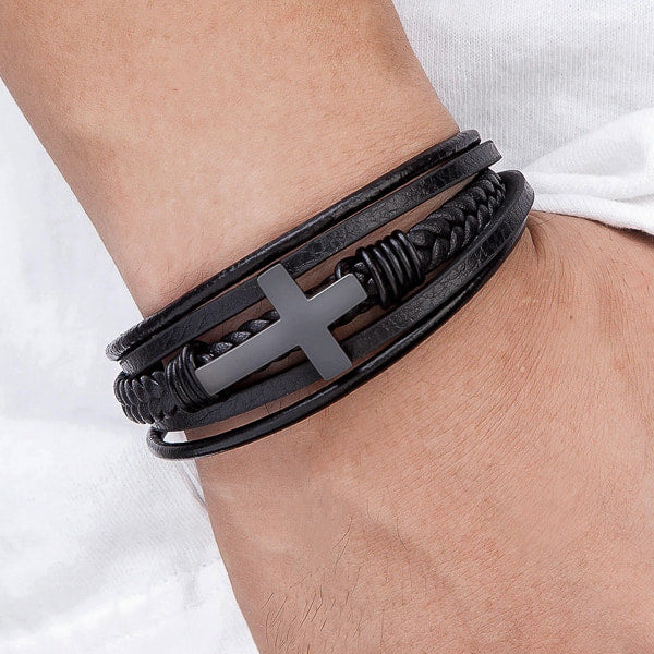 Black leather cross bracelet for men
