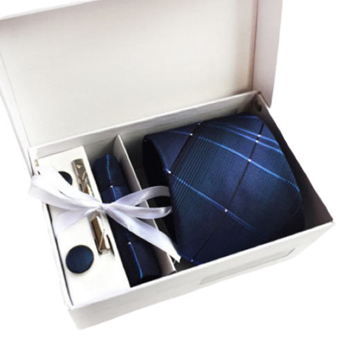 Blue Checked Suit Accessories Set With Necktie, Tie Clip, Cufflinks & Pocket Square