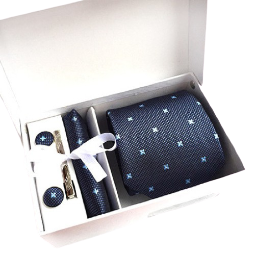 Blue Floral Foulard Suit Accessories Set With Necktie, Tie Clip, Cufflinks & Pocket Square