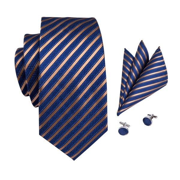 Blue copper striped silk tie set with matching pocket square and cufflinks