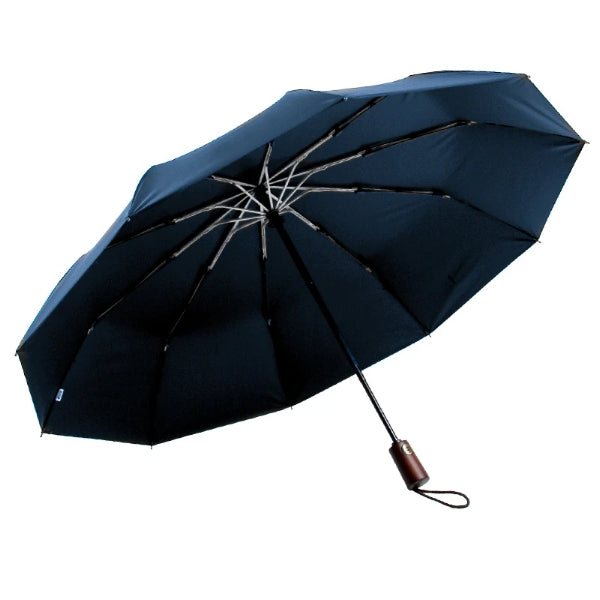Blue wooden handle travel umbrella open