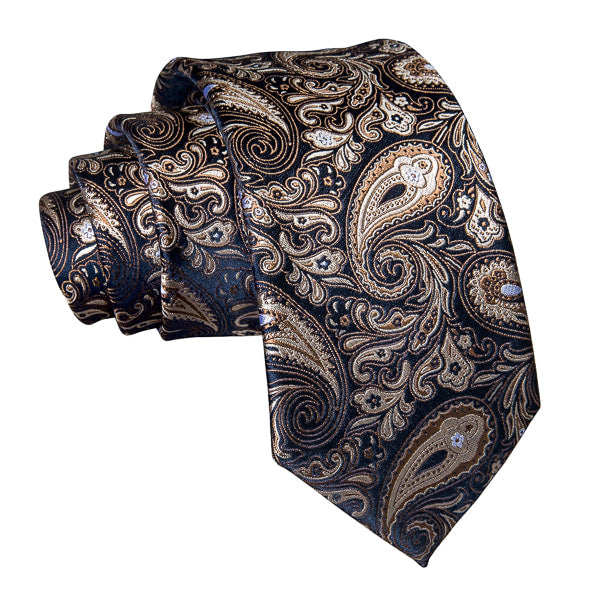 Dark blue and gold paisley silk necktie