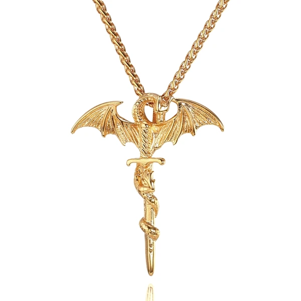 Cupiamtch Men's Retro Biker Pendant Necklace - Stainless Steel Flying Bat Dragon Sword With 22" Chain - View #9