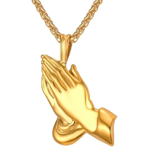 Gold Praying Hands Pendant Necklace For Men