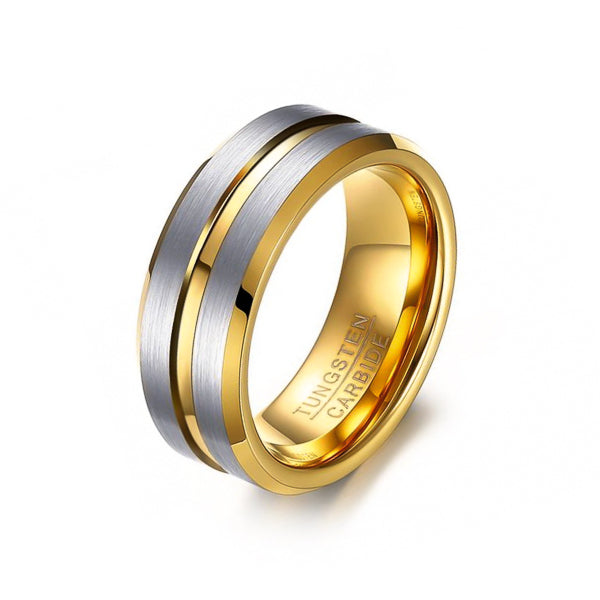 Silver gold channeled tungsten carbide ring