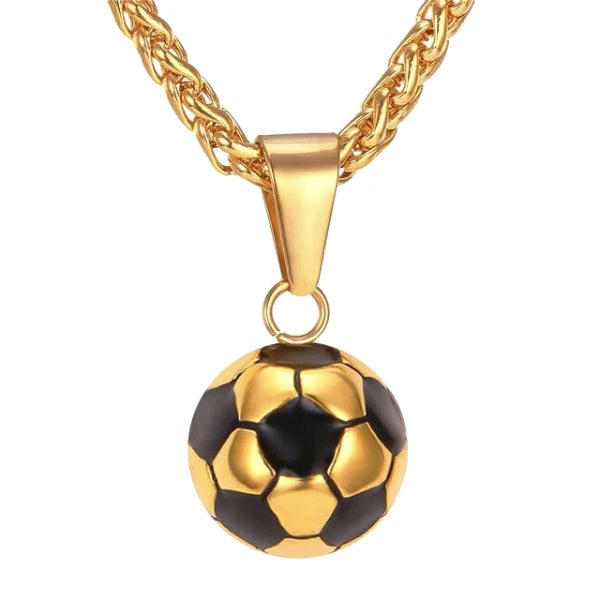 Gold soccer ball pendant and a gold wheat chain necklace