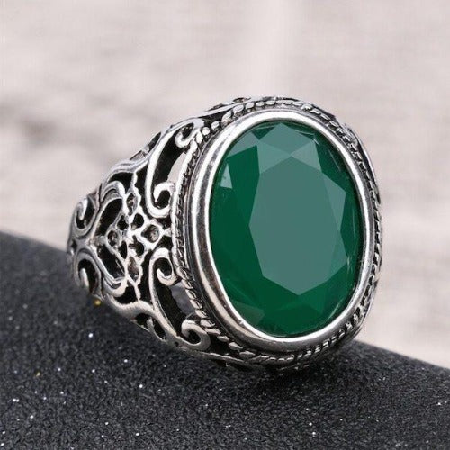Jade Green Silver Signet Pinky Ring Mens