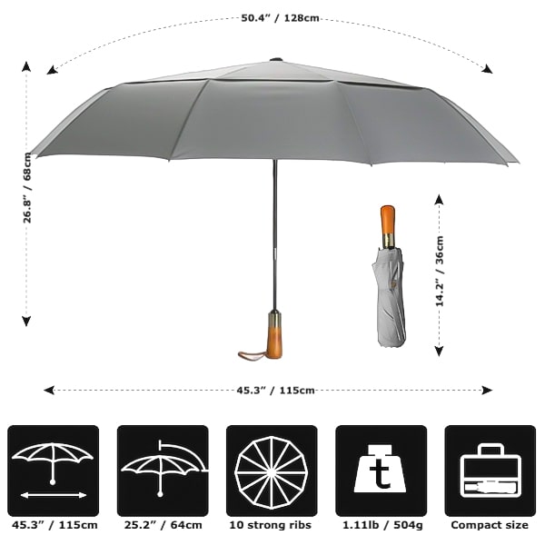 Details And Dimensions of the Grey Automatic Windproof Folding Umbrella