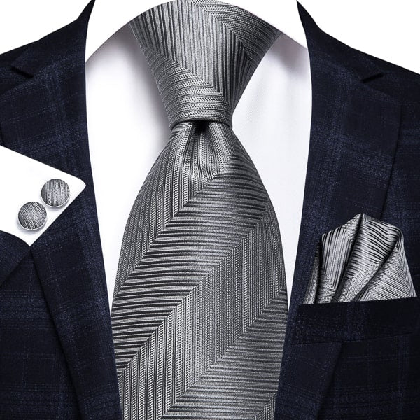 Grey silk necktie with herringbone pattern