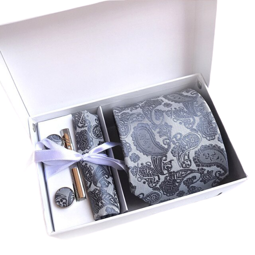 Grey Paisley Suit Accessories Set With Necktie, Tie Clip, Cufflinks & Pocket Square