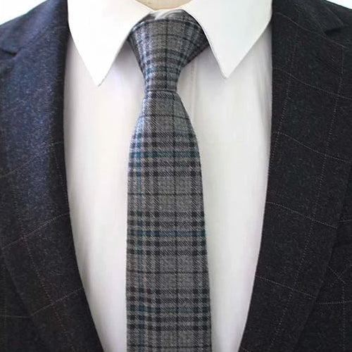 Classy Men Grey Blue Checkered Cotton Necktie