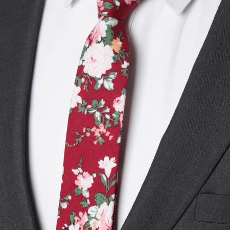 Classy Men Red Floral Skinny Cotton Tie