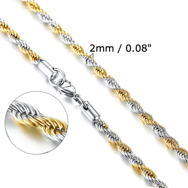 Twotone 2mm Silver & Gold Twist Rope Chain Necklace for Men Classy