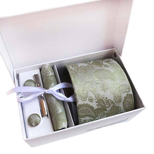 Khaki Paisley Suit Accessories Set With Necktie, Tie Clip, Cufflinks & Pocket Square