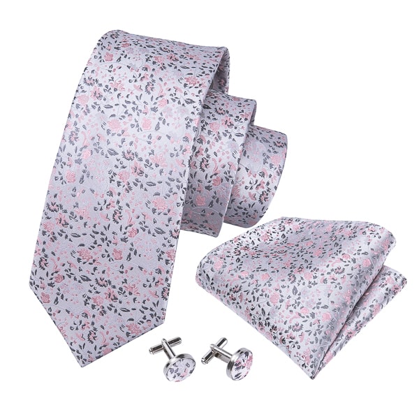Light grey silk tie with pink floral pattern