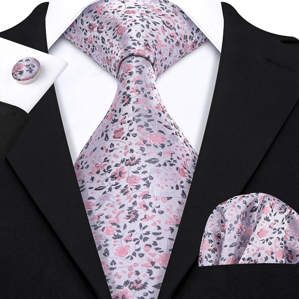 Light pink and grey floral silk necktie