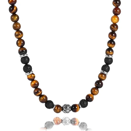 Mens beaded necklace made of tiger eye stone, lava stone, and 316L stainless steel