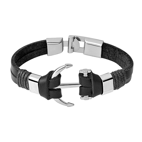 Men's black anchor leather bracelet
