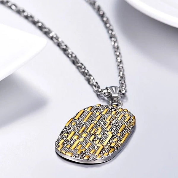 Dog tag pendant with gold lines and black cubic zircons