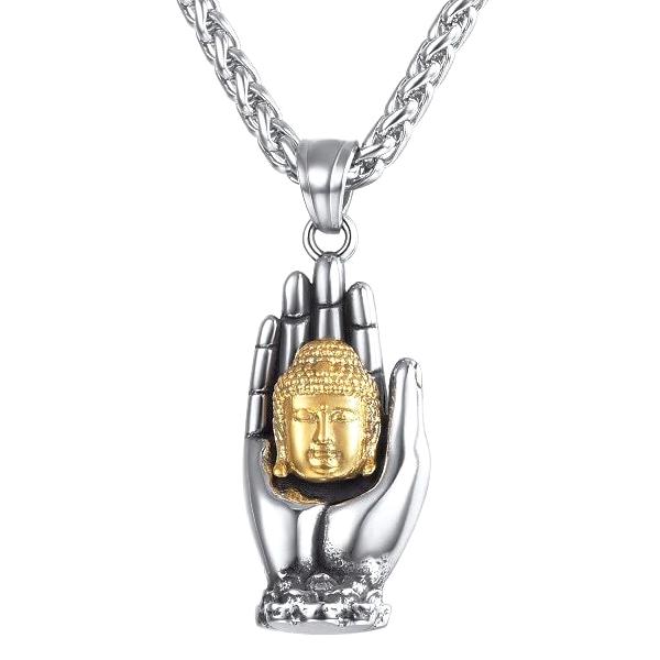 Mens Buddha pendant necklace with gold Buddha head held by a silver hand
