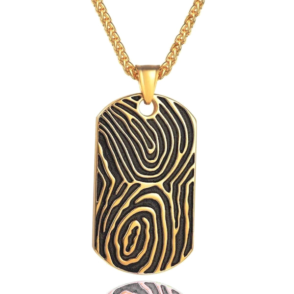 Gold Dog Tag Pendant Necklace With Fingerprint Pattern Classy Men