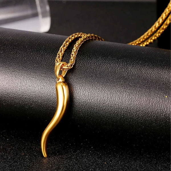 Classy Men Gold Italian Horn Pendant Necklace