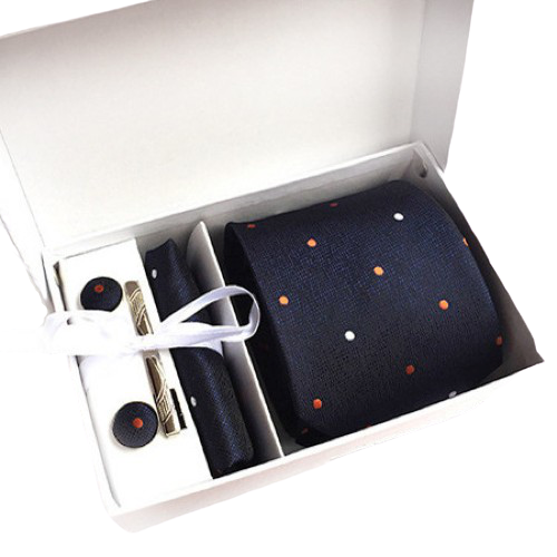 Navy Blue Dotted Suit Accessories Set With Necktie, Tie Clip, Cufflinks & Pocket Square