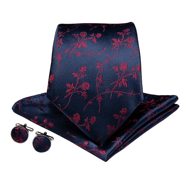 Navy blue red rose floral pattern silk necktie
