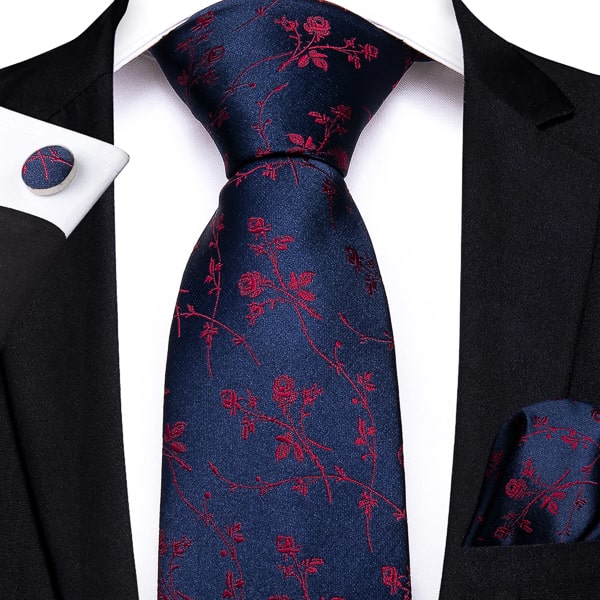 Navy blue silk tie with red rose floral pattern