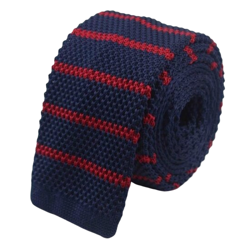 Classy Men Navy Blue Red Striped Square Knit Tie