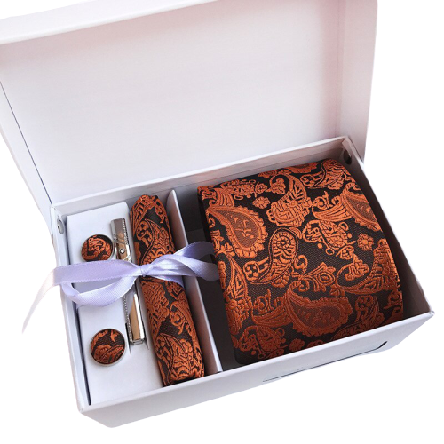 Orange Paisley Suit Accessories Set With Necktie, Tie Clip, Cufflinks & Pocket Square