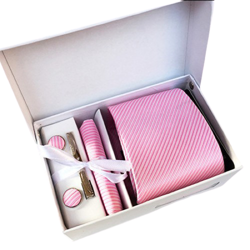 Pink Striped Suit Accessories Set With Necktie, Tie Clip, Cufflinks & Pocket Square