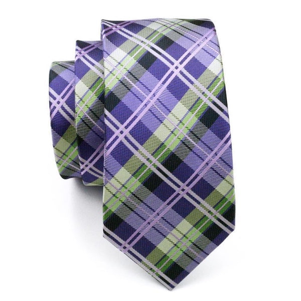 Violet and green tartan check silk tie
