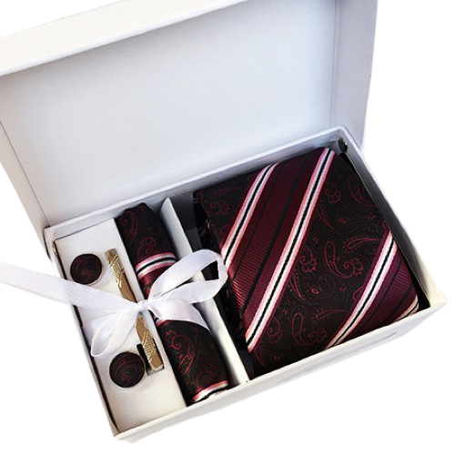 Red Black Striped Paisley Suit Accessories Set With Necktie, Tie Clip, Cufflinks & Pocket Square