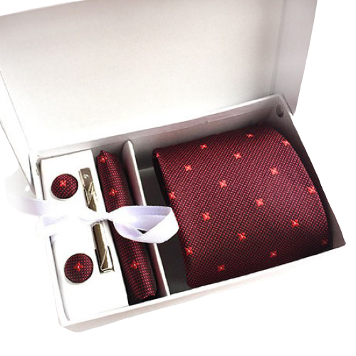 Red Floral Suit Accessories Set With Necktie, Tie Clip, Cufflinks & Pocket Square