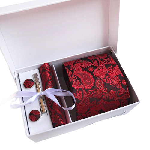 Red Paisley Suit Accessories Set With Necktie, Tie Clip, Cufflinks & Pocket Square